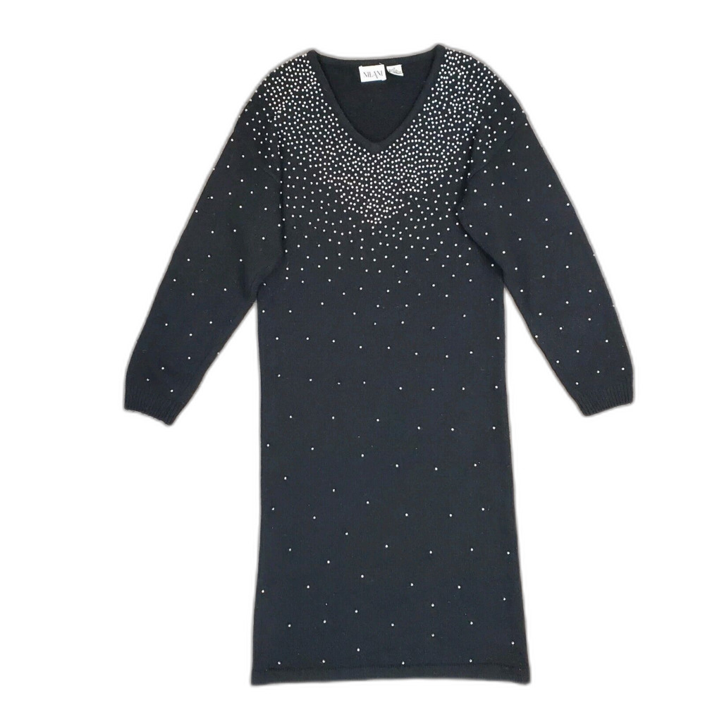 Vintage 80s 90s Nilani Beaded Maxi Sweater Dress Silk Angora Lambswool M Glam